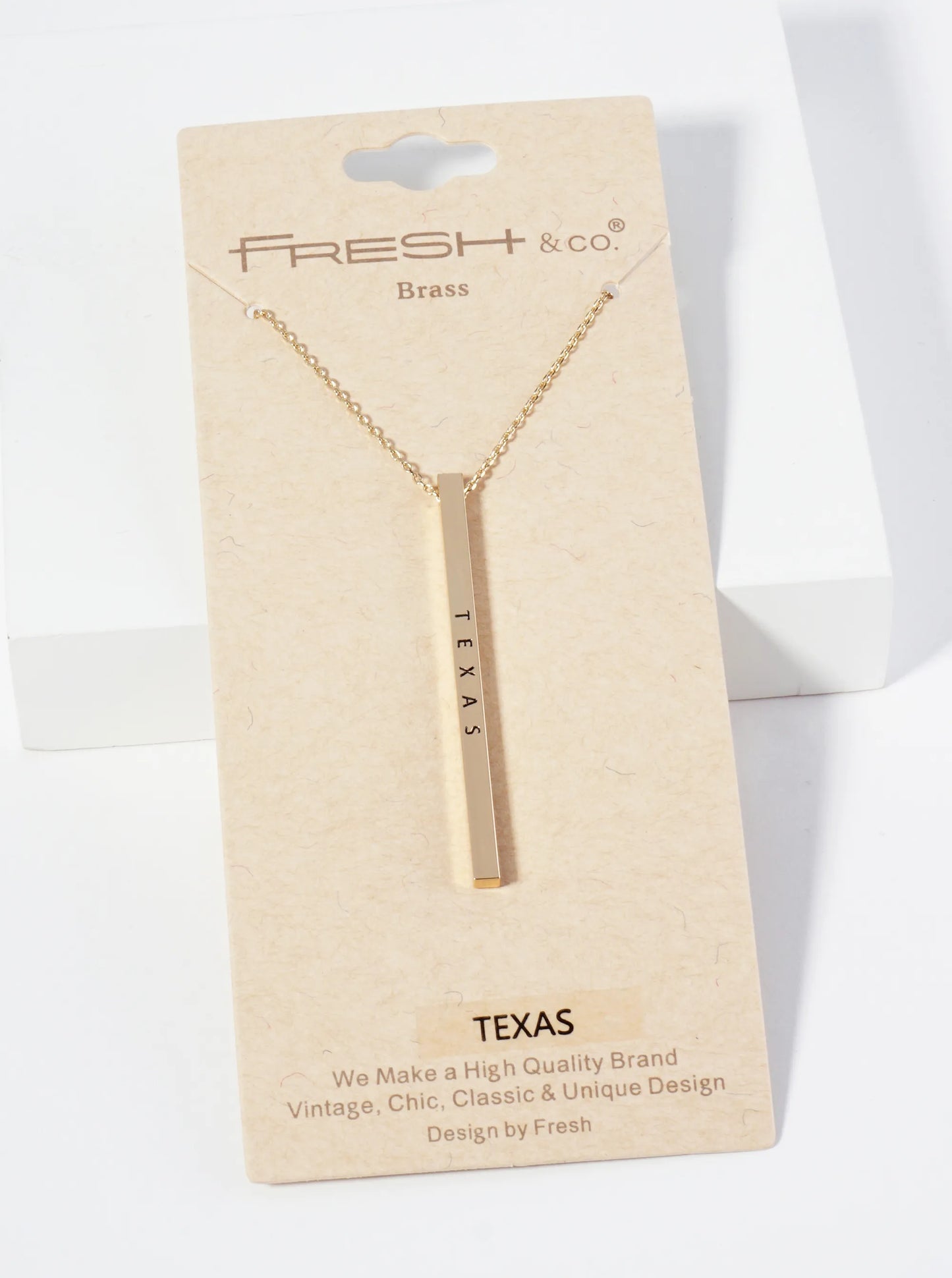 State Of Texas Engraved Vertical Bar Pendant Necklace