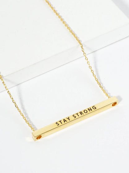 Stay Strong Engraved 18K Gold Dipped Horizontal Brass Bar Pendant Inspirational Necklace