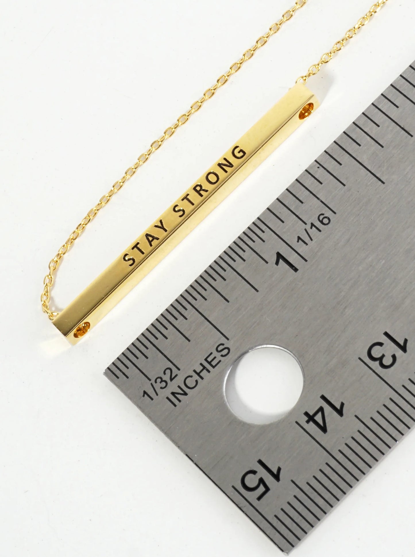 Stay Strong Engraved 18K Gold Dipped Horizontal Brass Bar Pendant Inspirational Necklace
