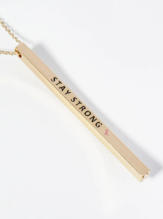 Stay Strong Pink Ribbon Engraved Vertical Bar Pendant Inspirational Necklace