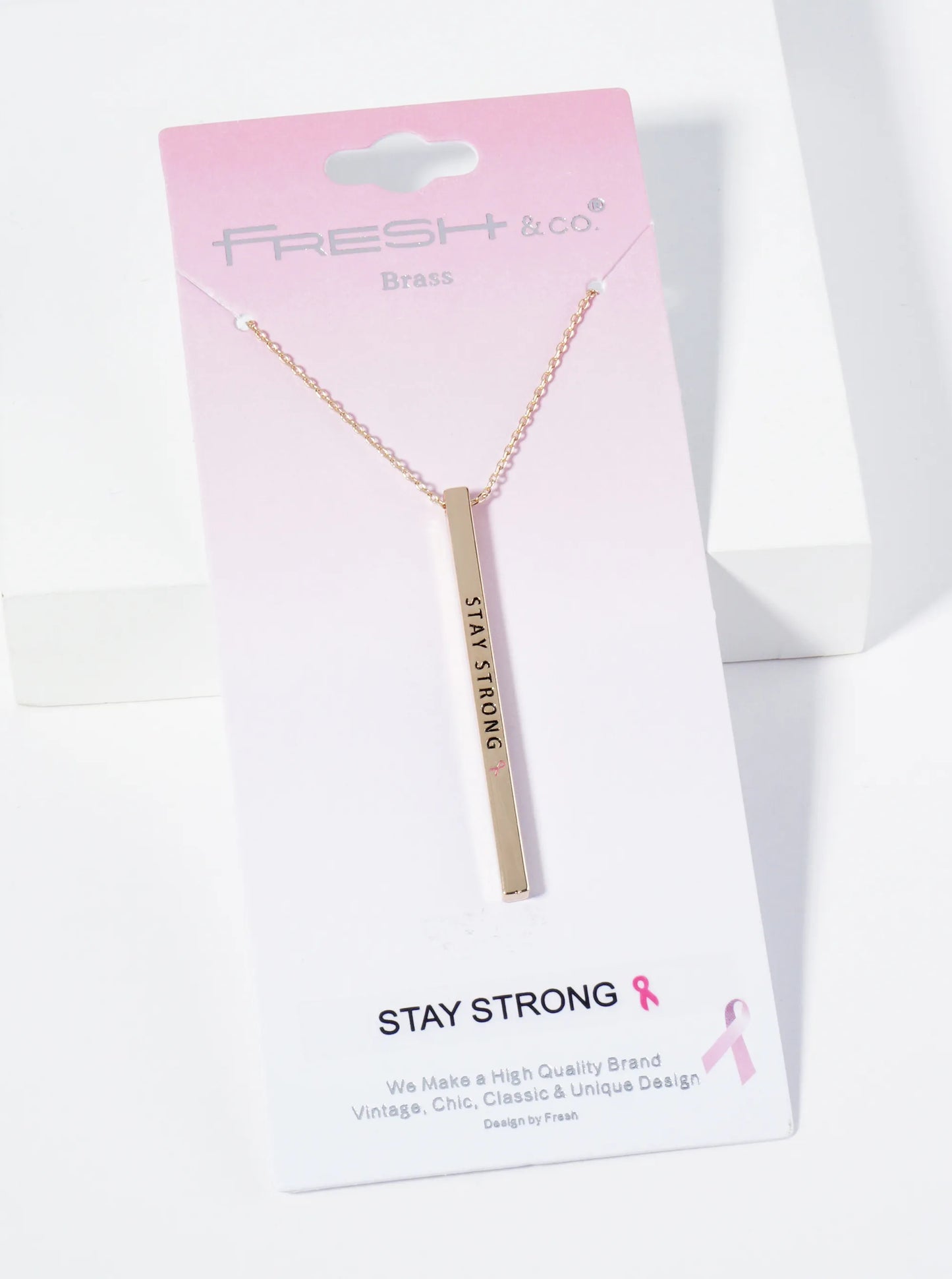 Stay Strong Pink Ribbon Engraved Vertical Bar Pendant Inspirational Necklace