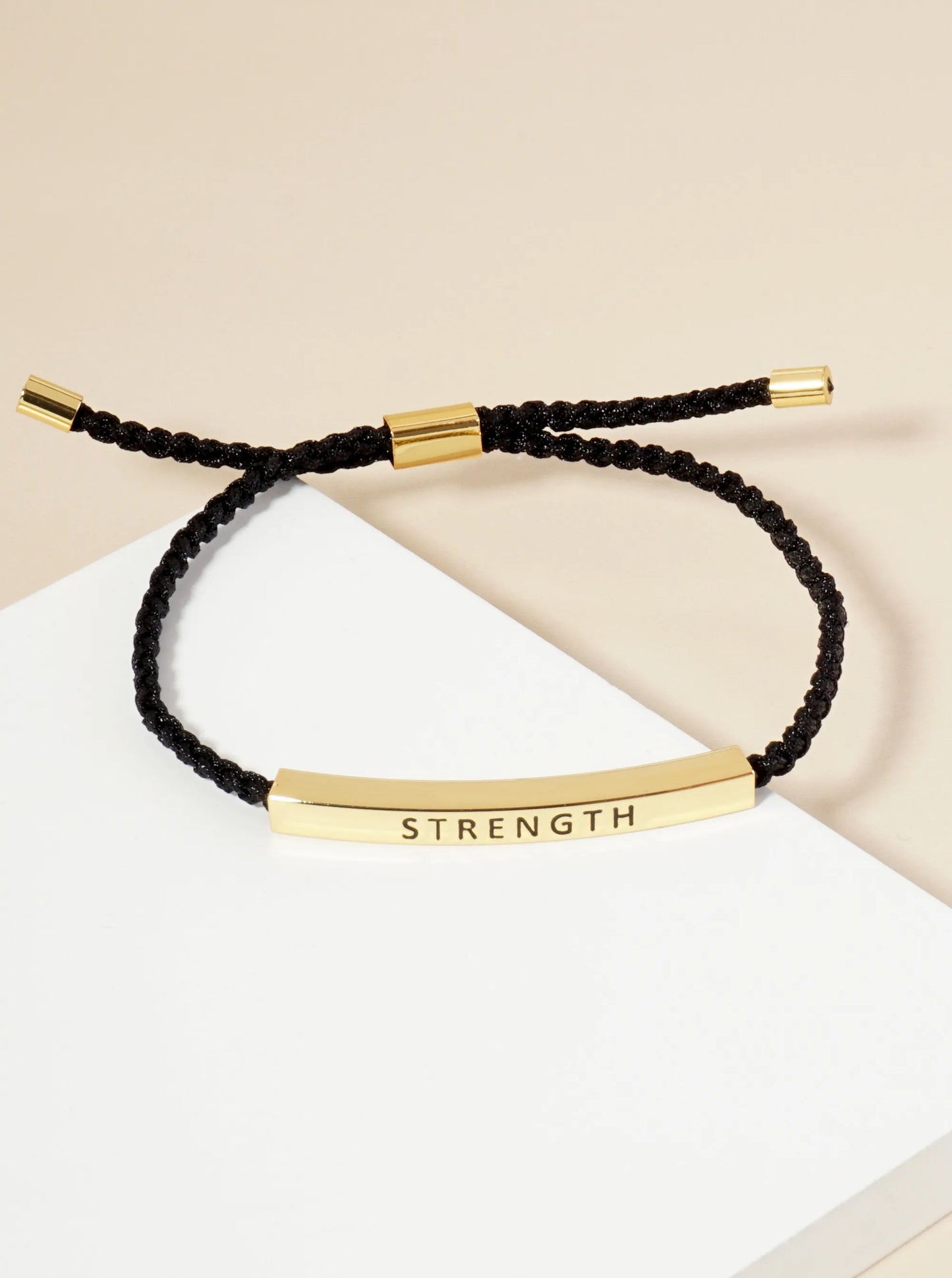 Strength Engraved 18K Gold Dipped Curved Brass Tube Bar Adjustable Pull Tie Bracelet