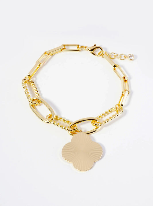 Sunburst Texture Quatrefoil Charm 18K Gold Dipped Link Chain Bracelet