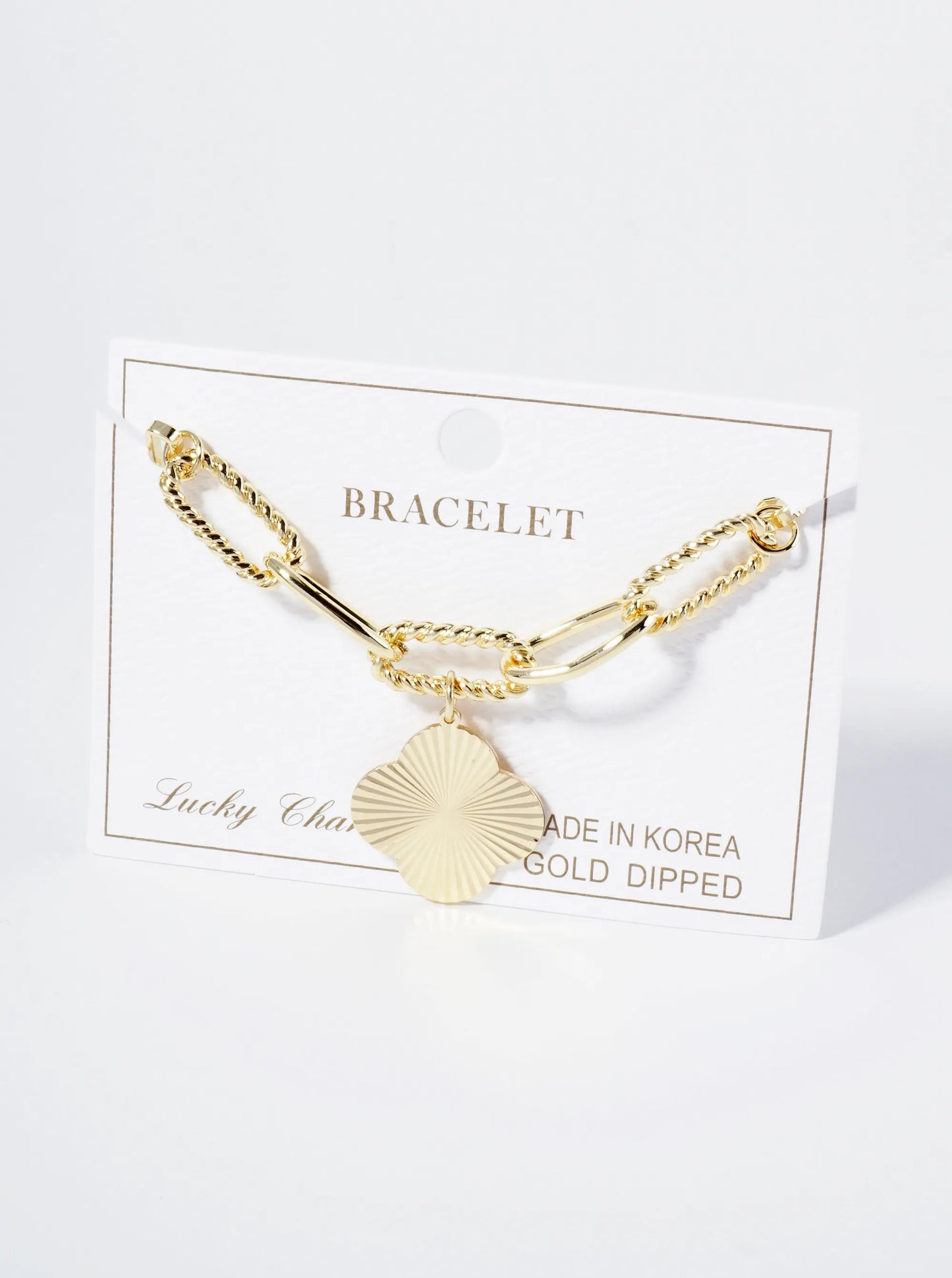 Sunburst Texture Quatrefoil Charm 18K Gold Dipped Link Chain Bracelet