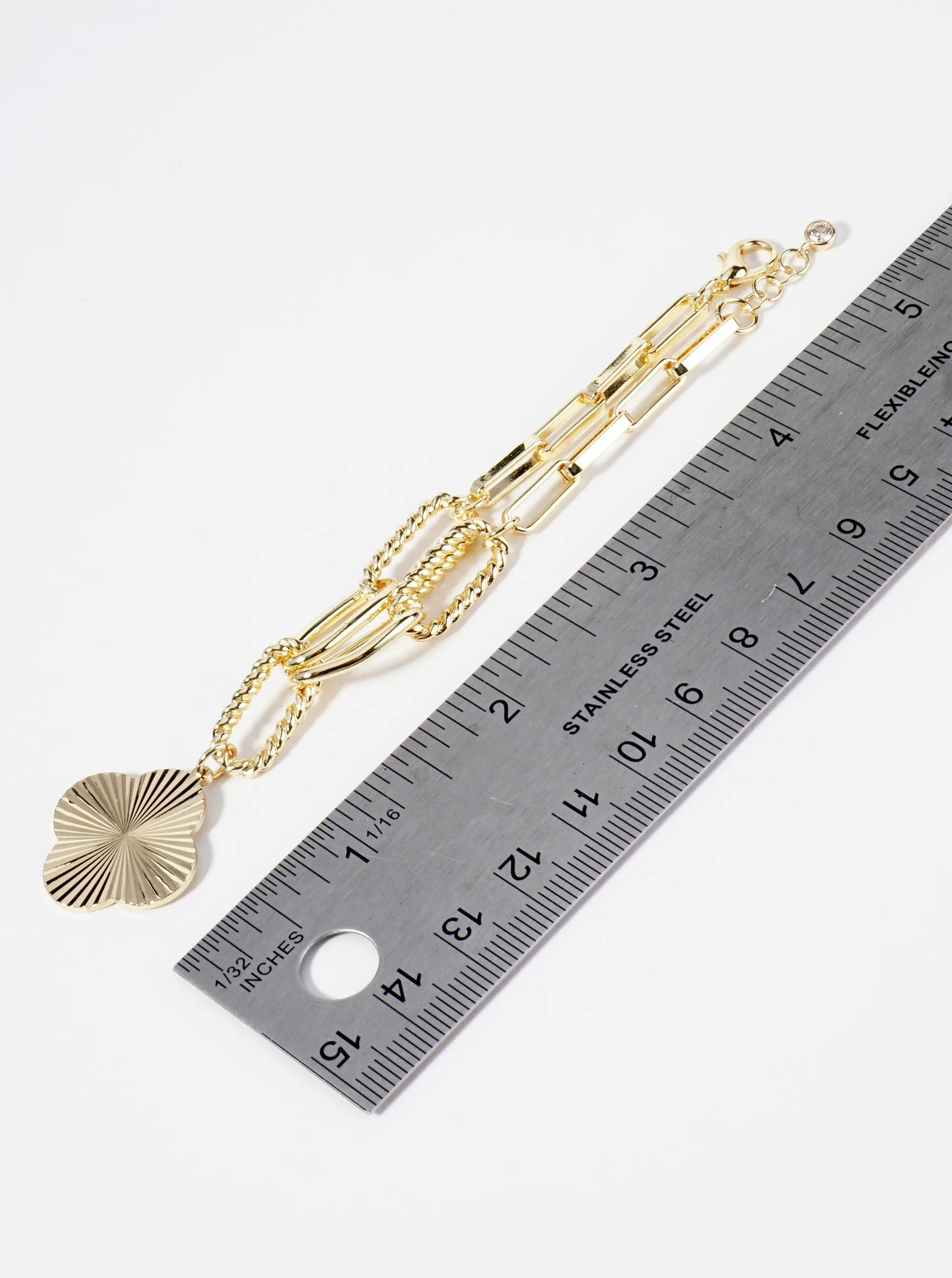 Sunburst Texture Quatrefoil Charm 18K Gold Dipped Link Chain Bracelet