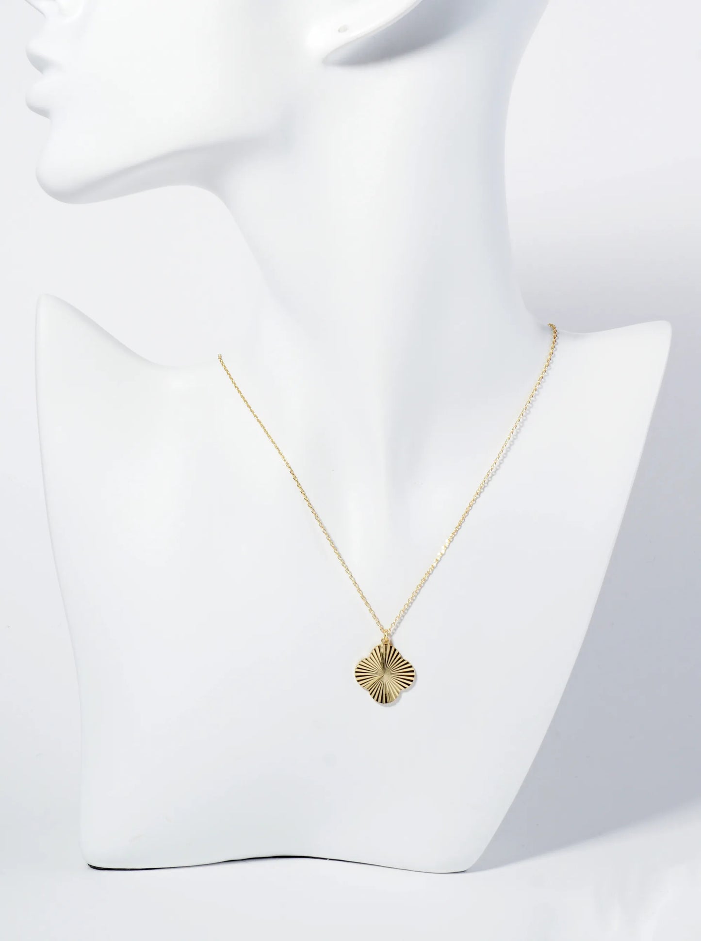 Sunburst Texture Quatrefoil Pendant 18K Gold Dipped Brass Necklace