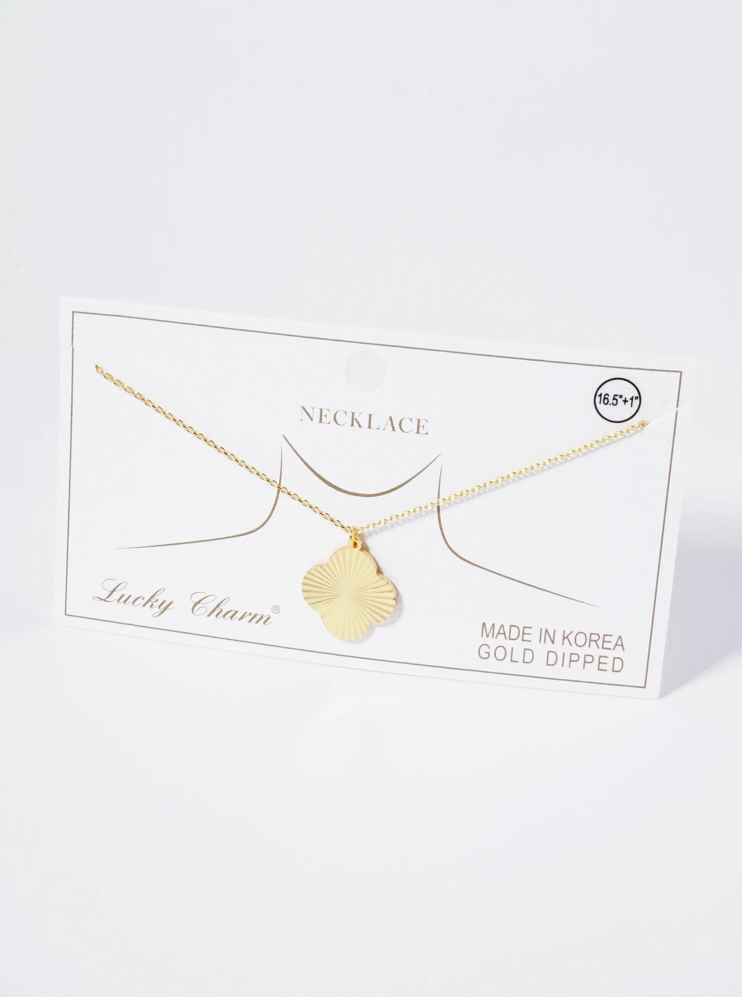 Sunburst Texture Quatrefoil Pendant 18K Gold Dipped Brass Necklace