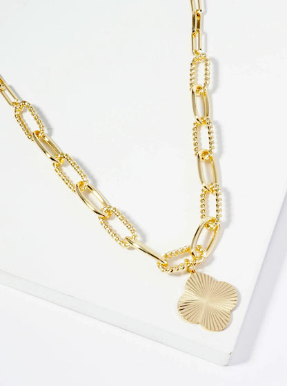 Sunburst Texture Quatrefoil Pendant 18K Gold Dipped Link Chain Necklace