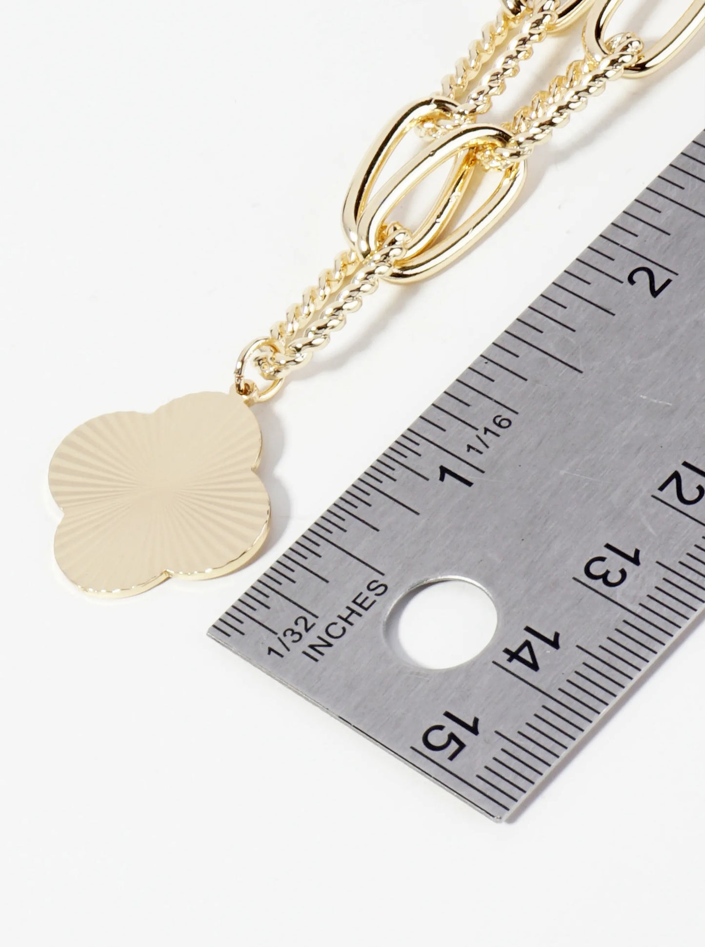 Sunburst Texture Quatrefoil Pendant 18K Gold Dipped Link Chain Necklace