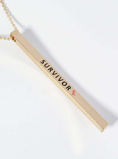 Survivor Pink Ribbon Engraved Vertical Bar Pendant Inspirational Necklace