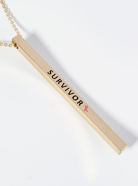 Survivor Pink Ribbon Engraved Vertical Bar Pendant Inspirational Necklace