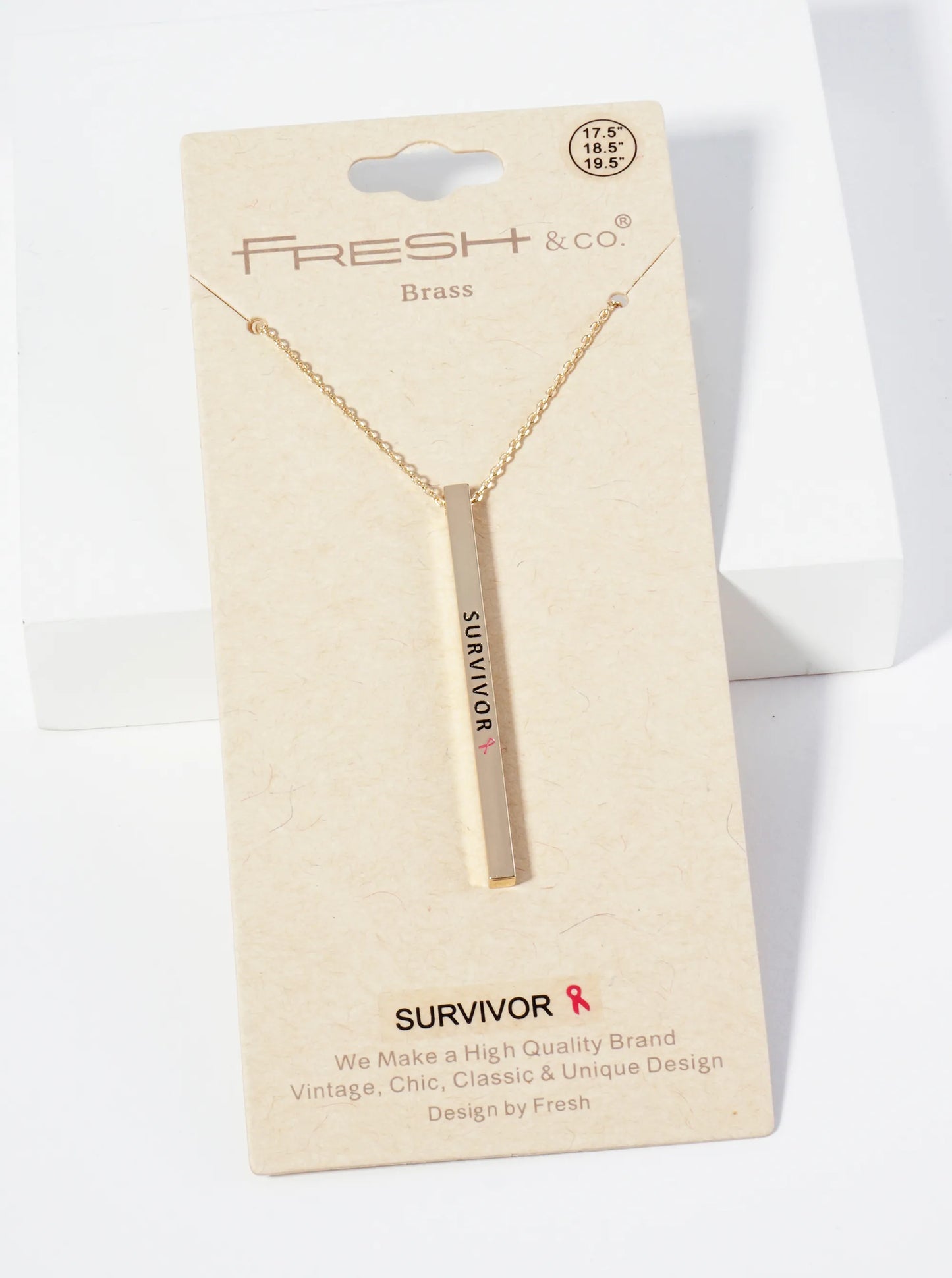Survivor Pink Ribbon Engraved Vertical Bar Pendant Inspirational Necklace