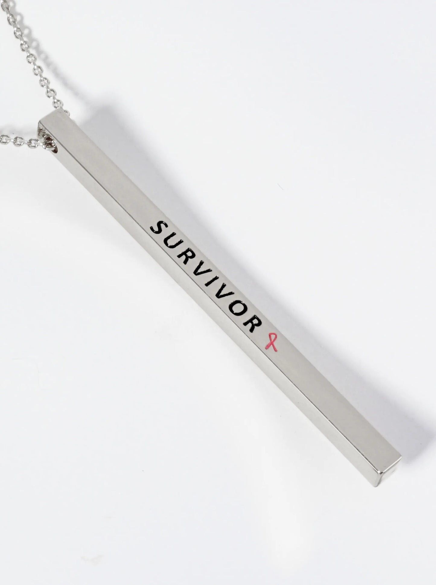 Survivor Pink Ribbon Engraved Vertical Bar Pendant Inspirational Necklace
