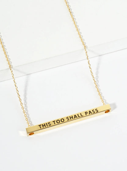 This Too Shall Pass Engraved 18K Gold Dipped Horizontal Brass Bar Pendant Inspirational Necklace
