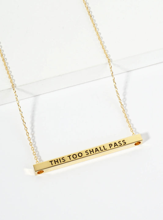 This Too Shall Pass Engraved 18K Gold Dipped Horizontal Brass Bar Pendant Inspirational Necklace