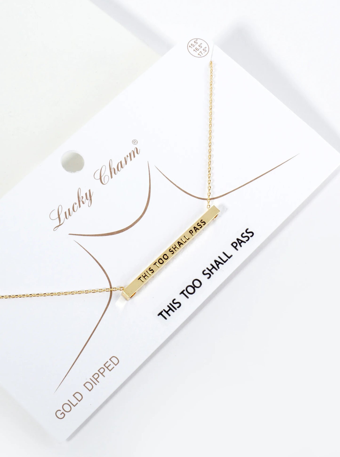 This Too Shall Pass Engraved 18K Gold Dipped Horizontal Brass Bar Pendant Inspirational Necklace
