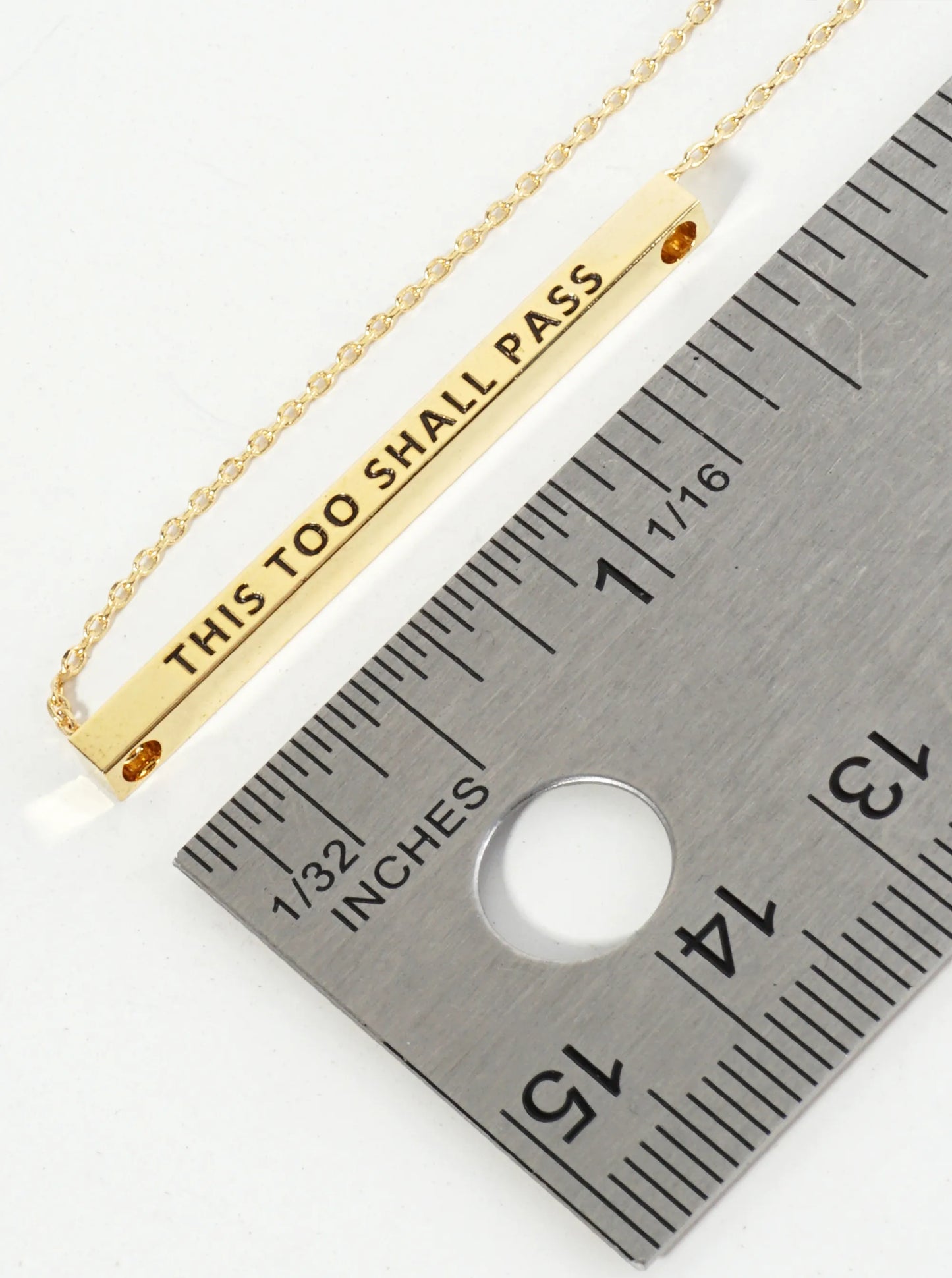 This Too Shall Pass Engraved 18K Gold Dipped Horizontal Brass Bar Pendant Inspirational Necklace