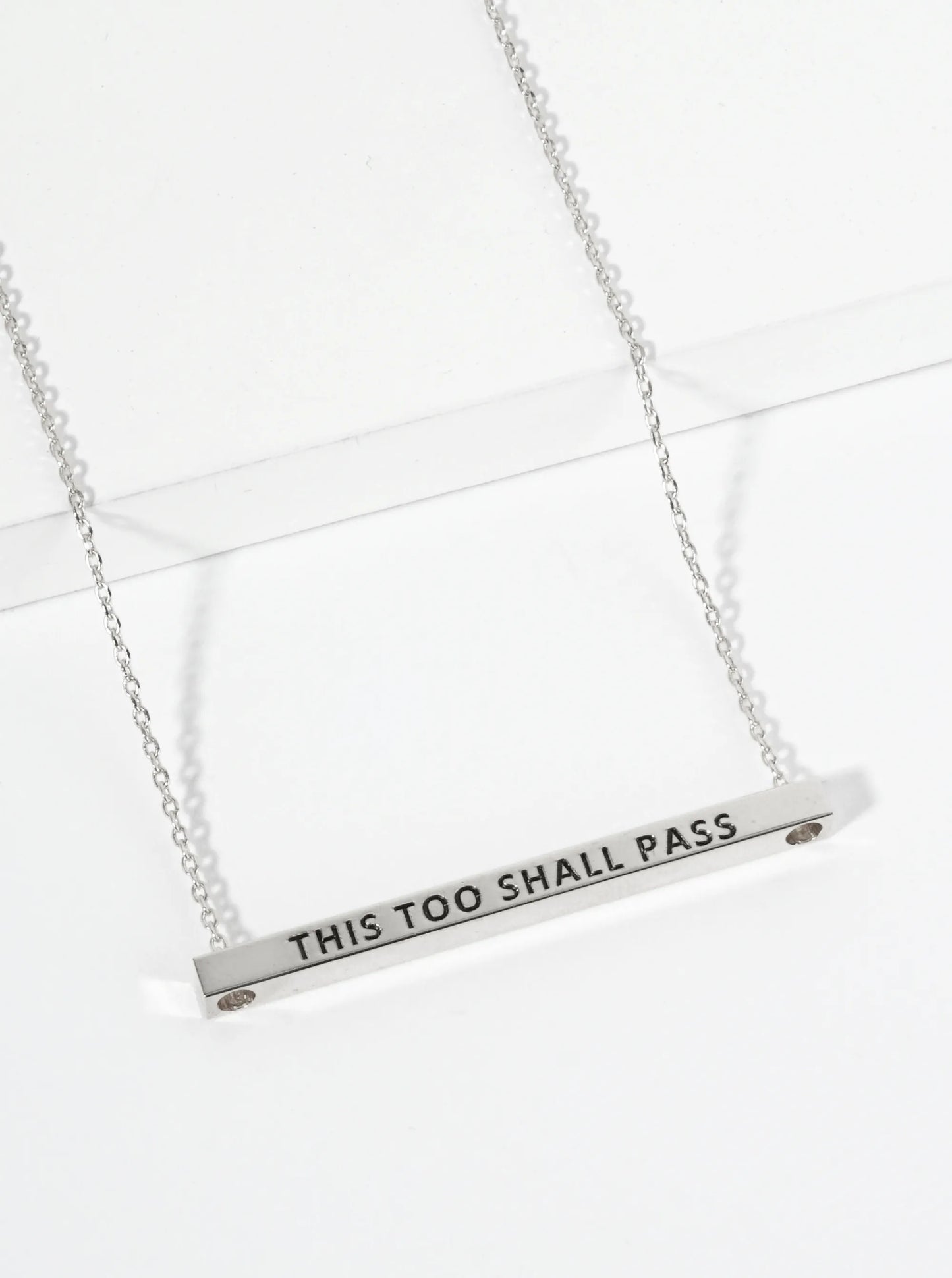 This Too Shall Pass Engraved 18K Gold Dipped Horizontal Brass Bar Pendant Inspirational Necklace