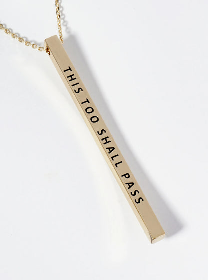 This Too Shall Pass Engraved Vertical Bar Pendant Inspirational Necklace