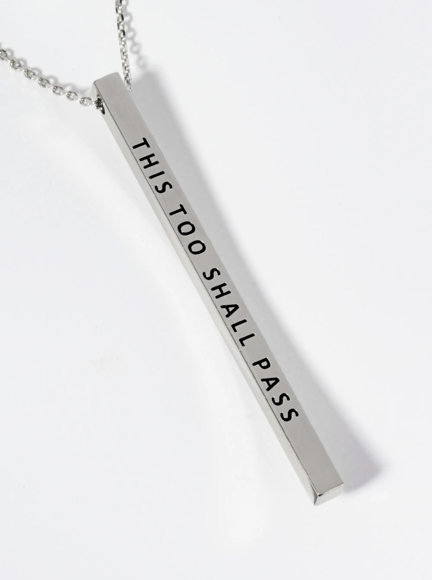 This Too Shall Pass Engraved Vertical Bar Pendant Inspirational Necklace