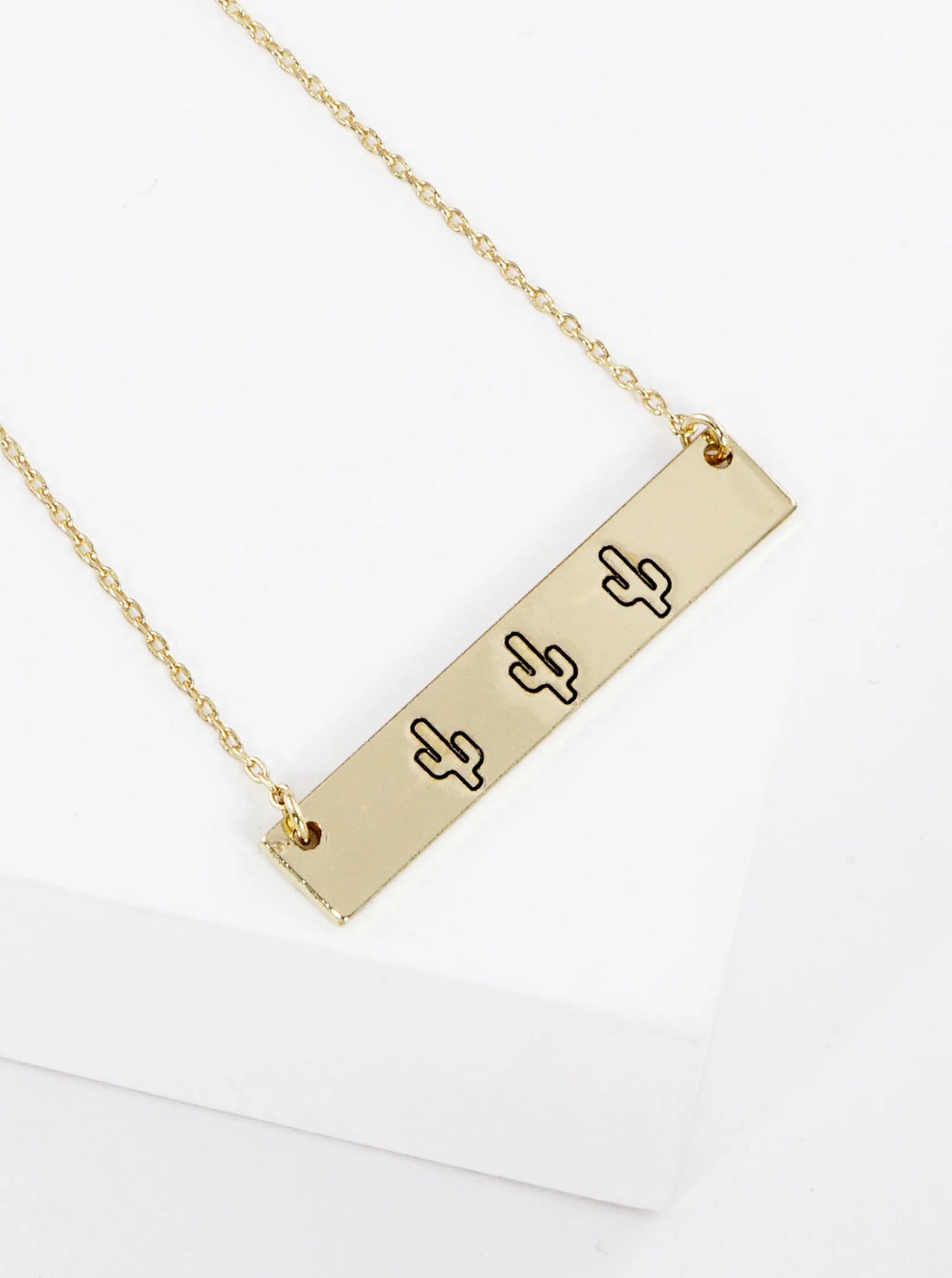 Three Cactus Engraved Horizontal Bar Pendant Necklace