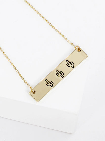 Three Cactus Engraved Horizontal Bar Pendant Necklace