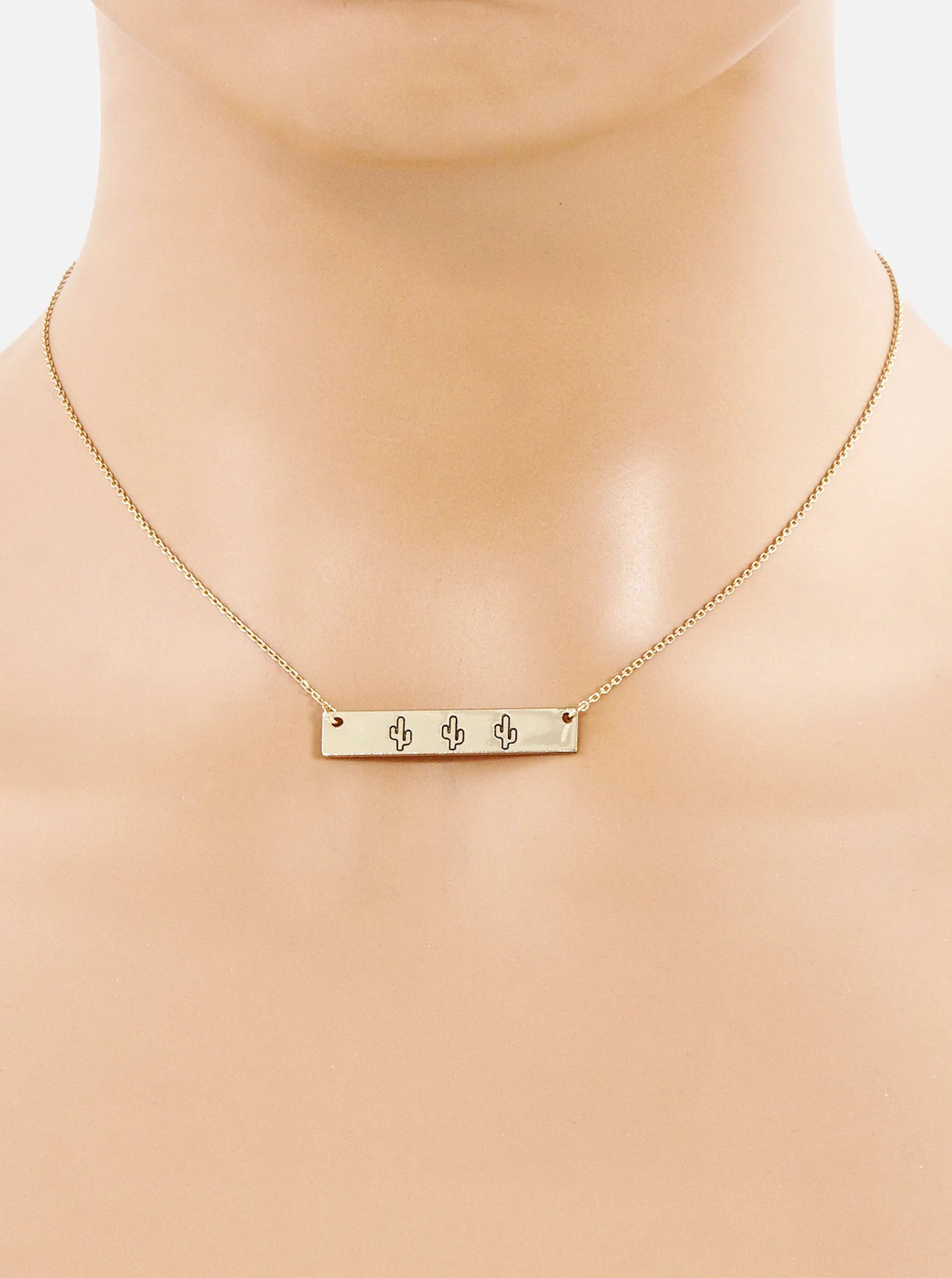 Three Cactus Engraved Horizontal Bar Pendant Necklace