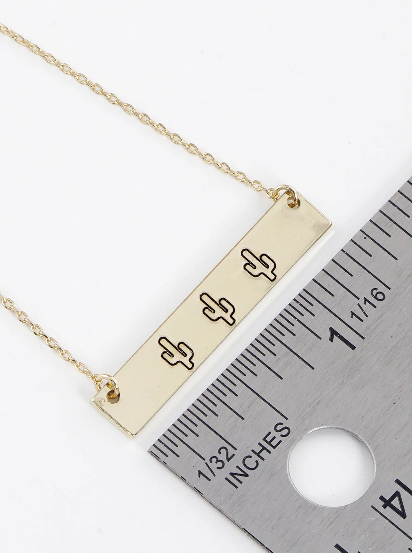 Three Cactus Engraved Horizontal Bar Pendant Necklace