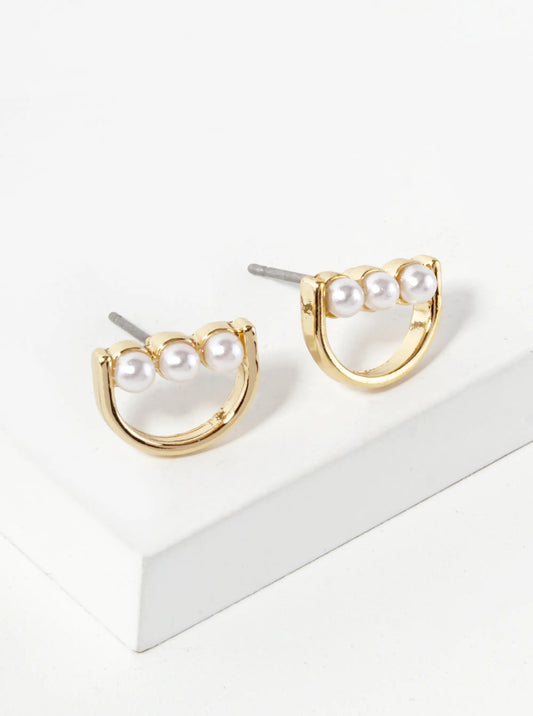 Triple 2mm Pearl Beaded Half Circle Geometric Stud Earrings