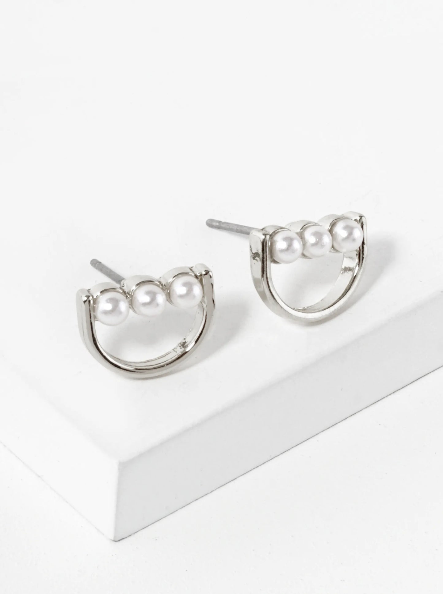 Triple 2mm Pearl Beaded Half Circle Geometric Stud Earrings