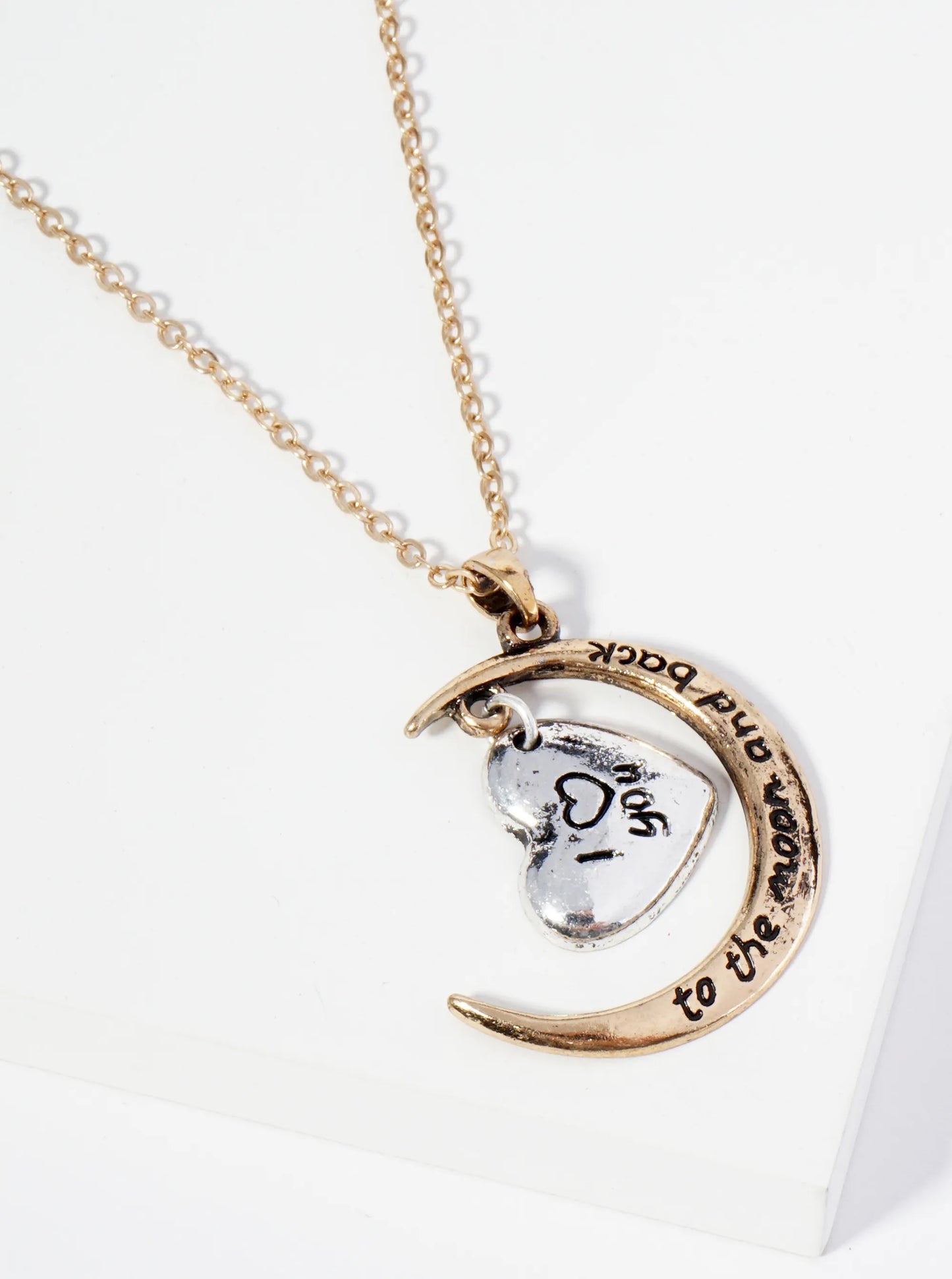 Two-Tone Sentimental Phrase Engraved Heart Embraced Moon Pendant Necklace
