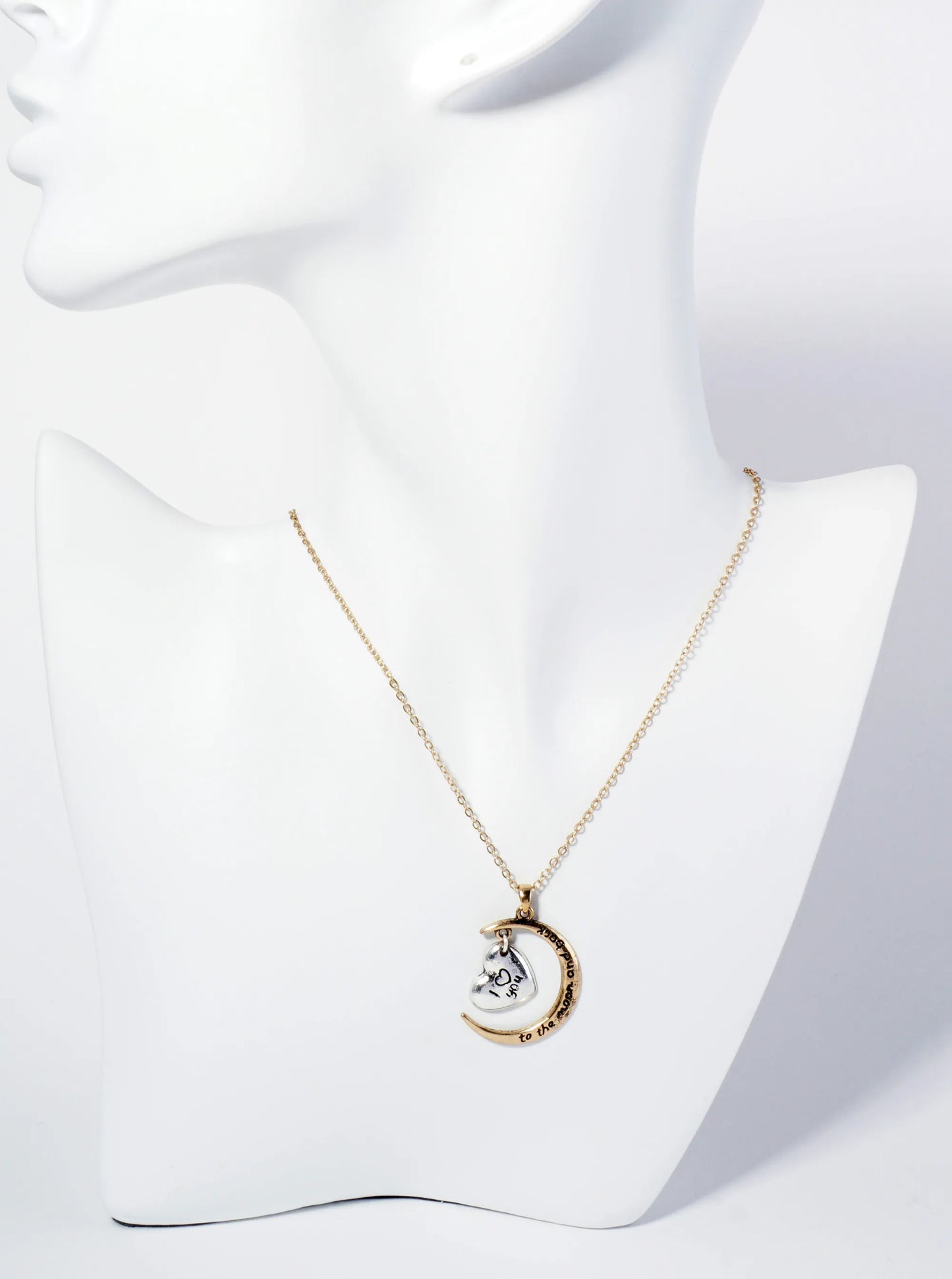 Two-Tone Sentimental Phrase Engraved Heart Embraced Moon Pendant Necklace