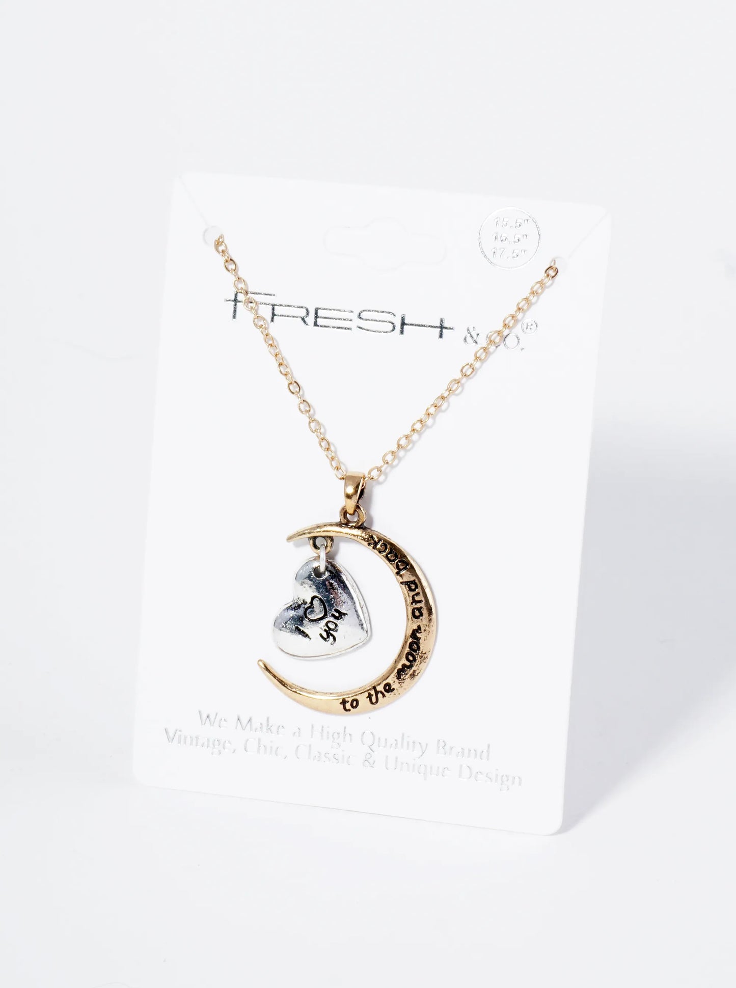 Two-Tone Sentimental Phrase Engraved Heart Embraced Moon Pendant Necklace