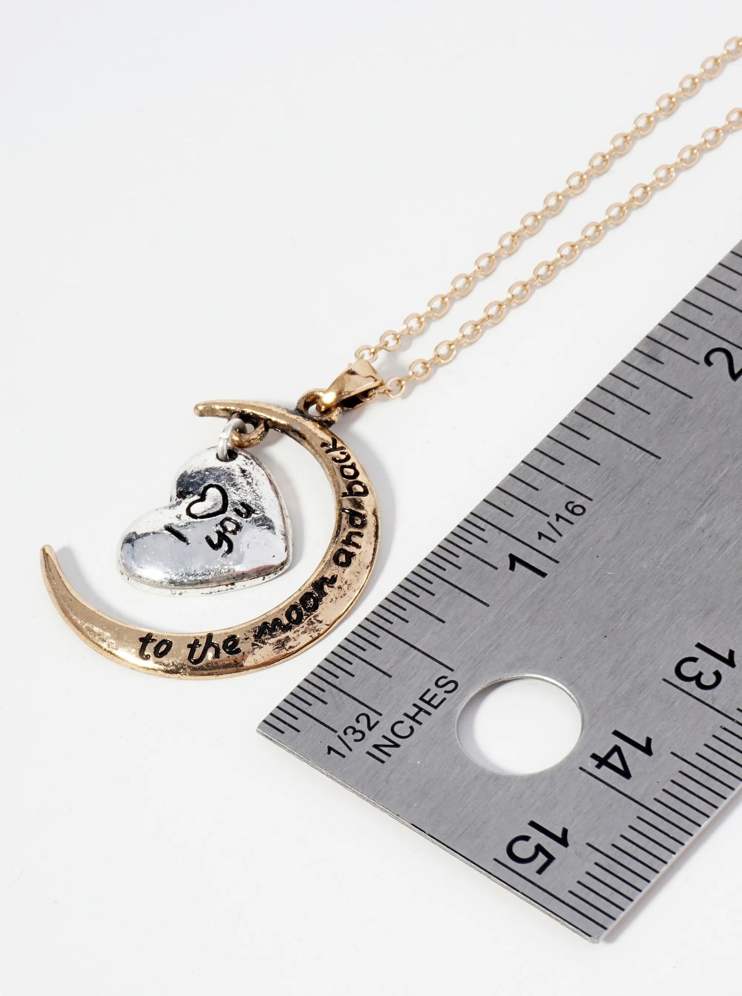 Two-Tone Sentimental Phrase Engraved Heart Embraced Moon Pendant Necklace