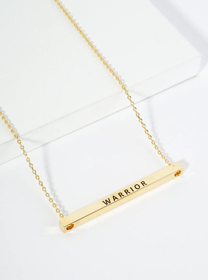 Warrior Engraved 18K Gold Dipped Horizontal Brass Bar Pendant Inspirational Necklace