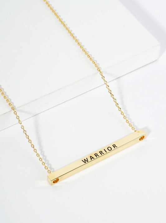 Warrior Engraved 18K Gold Dipped Horizontal Brass Bar Pendant Inspirational Necklace