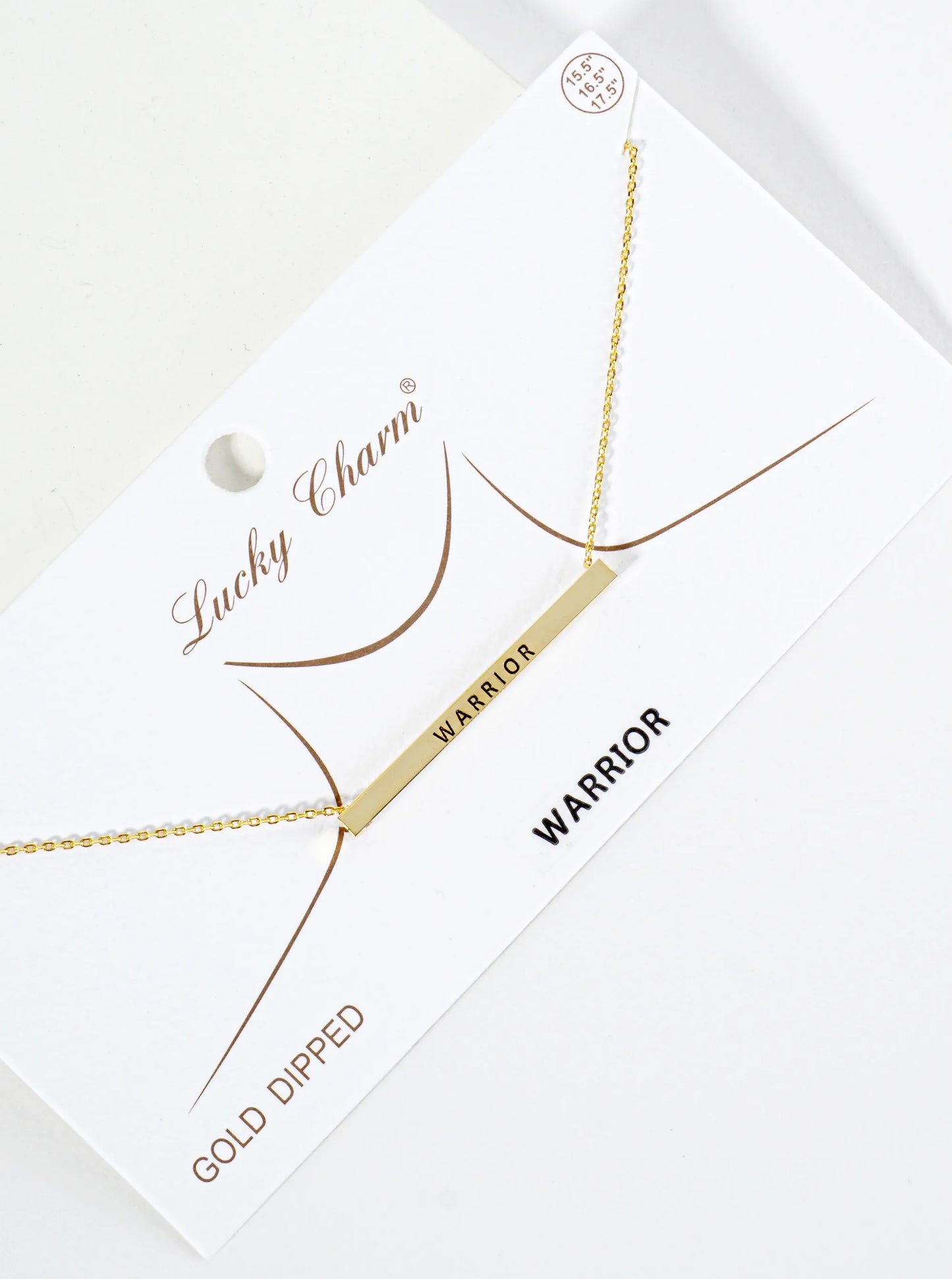 Warrior Engraved 18K Gold Dipped Horizontal Brass Bar Pendant Inspirational Necklace