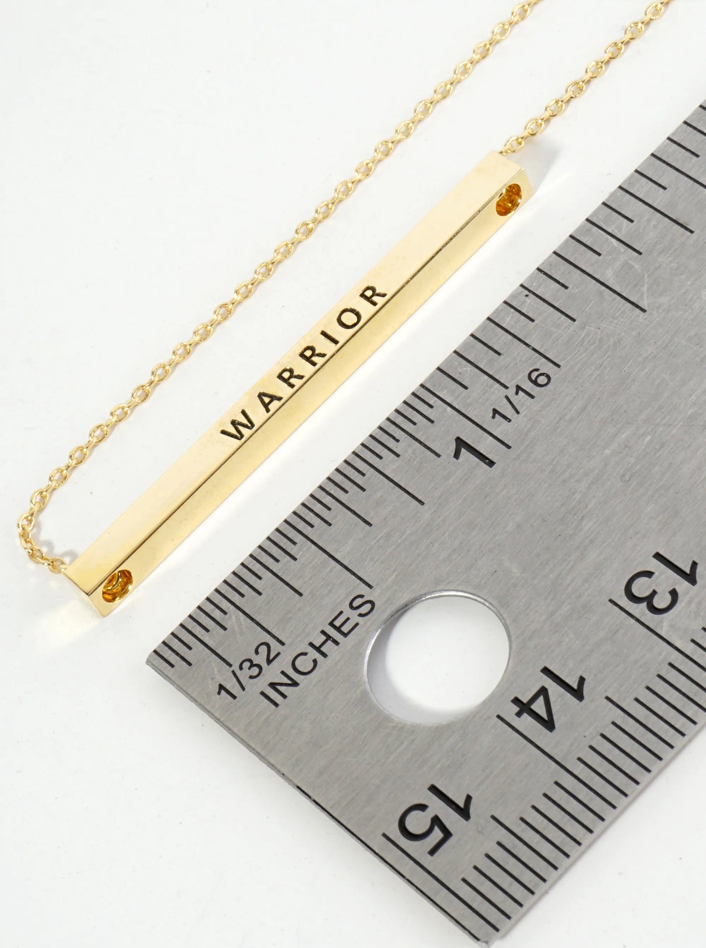 Warrior Engraved 18K Gold Dipped Horizontal Brass Bar Pendant Inspirational Necklace