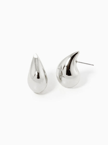 White Gold Dipped 1 Inch Hollow Puffy Teardrop Stud Earrings