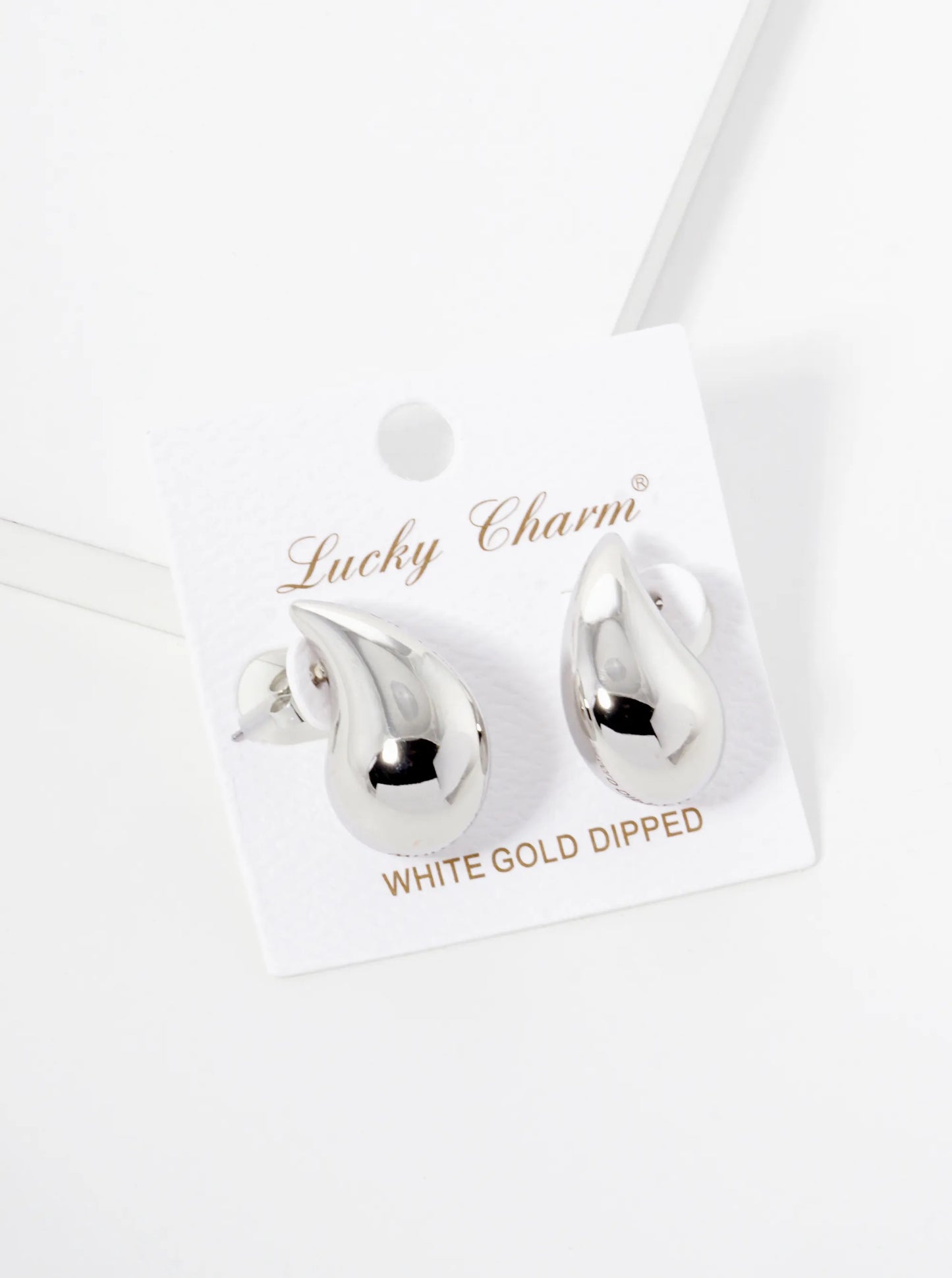White Gold Dipped 1 Inch Hollow Puffy Teardrop Stud Earrings