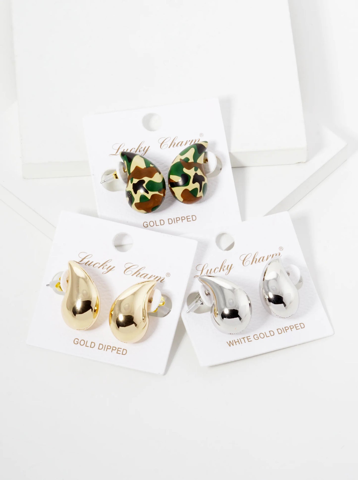 White Gold Dipped 1 Inch Hollow Puffy Teardrop Stud Earrings