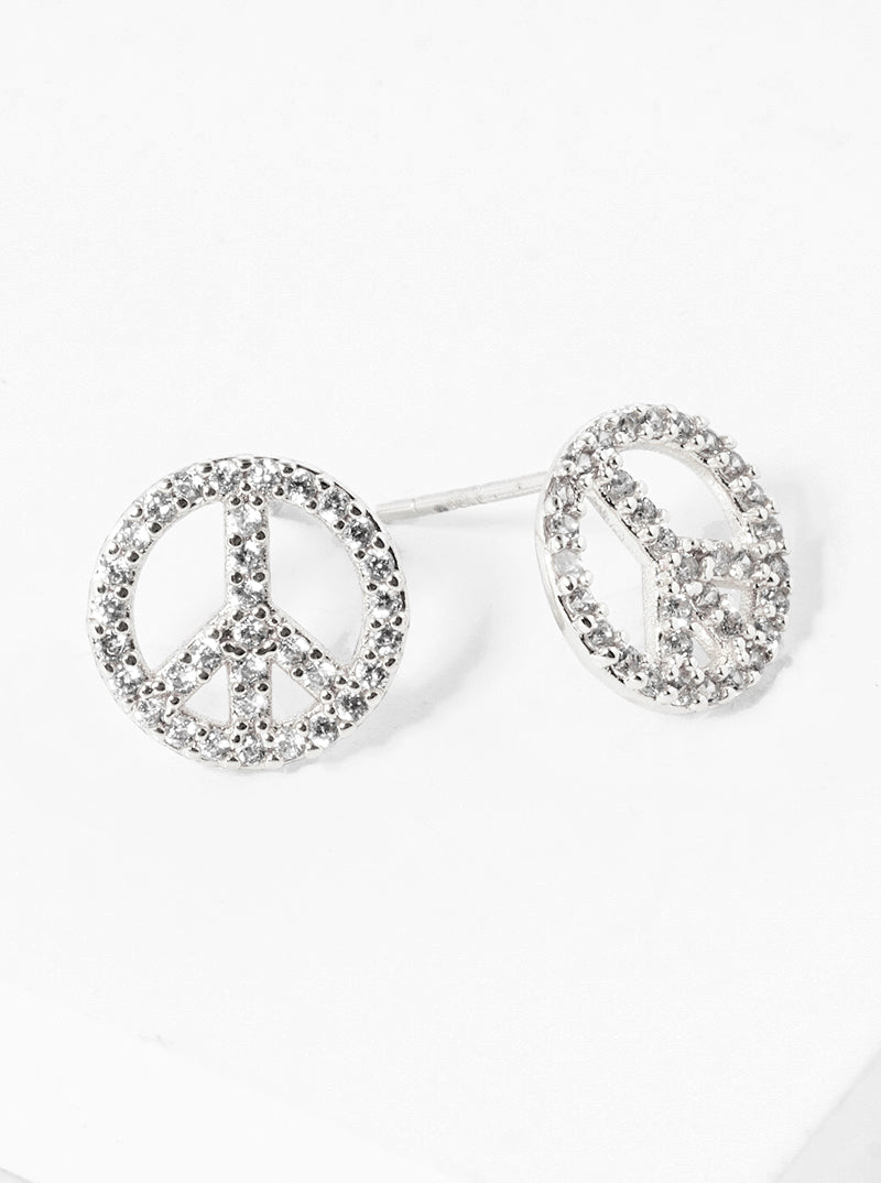 White Gold Dipped 10mm CZ Pave Peace Symbol Stud Earrings