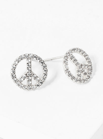 White Gold Dipped 10mm CZ Pave Peace Symbol Stud Earrings