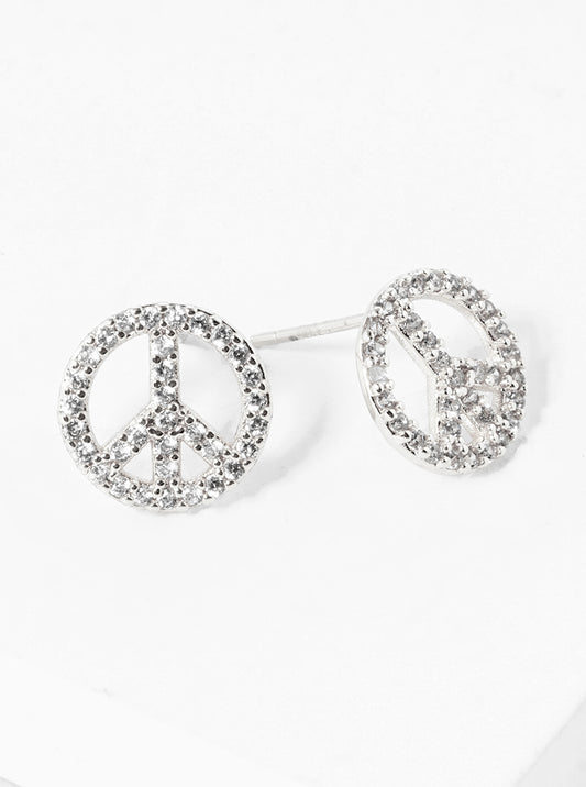 White Gold Dipped 10mm CZ Pave Peace Symbol Stud Earrings