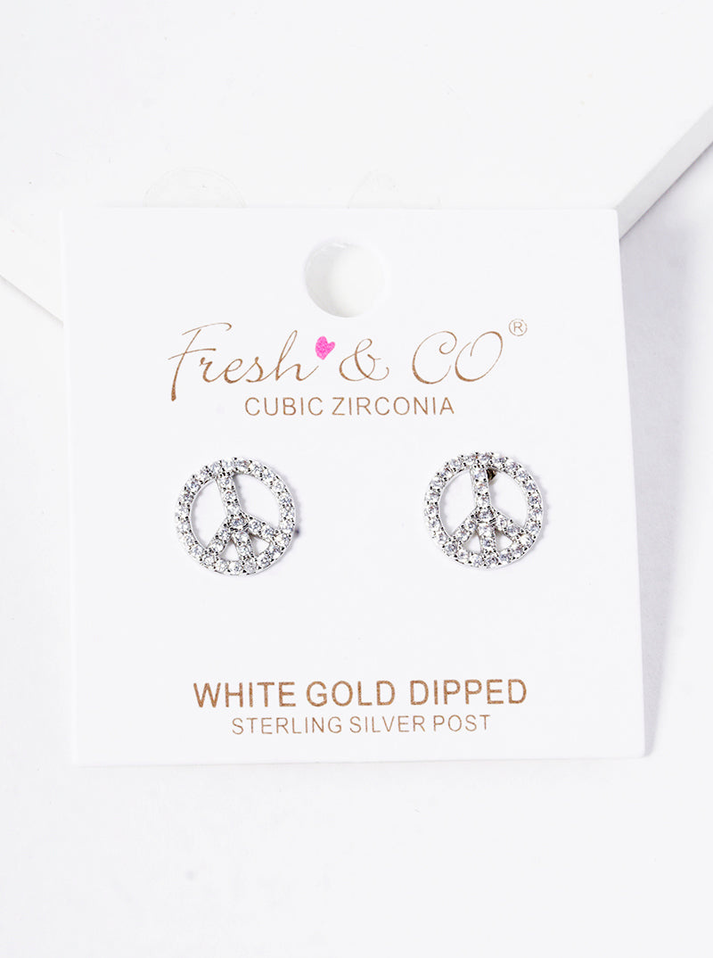 White Gold Dipped 10mm CZ Pave Peace Symbol Stud Earrings