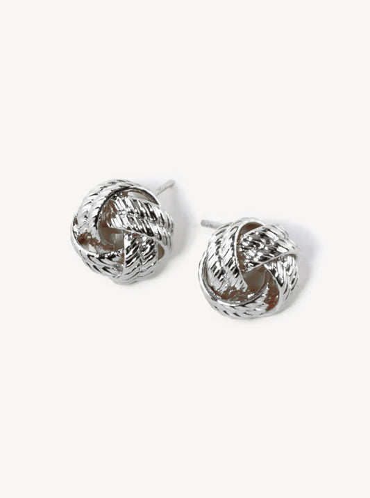 White Gold Dipped 11mm Textured Brass Love Knot Stud Earrings