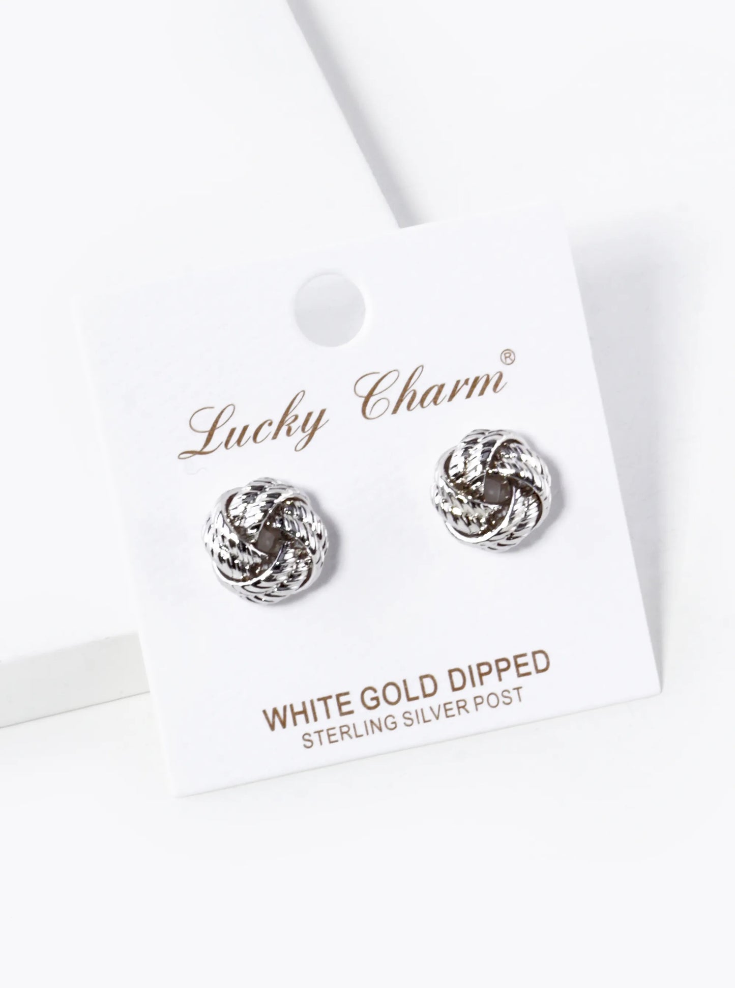 White Gold Dipped 11mm Textured Brass Love Knot Stud Earrings