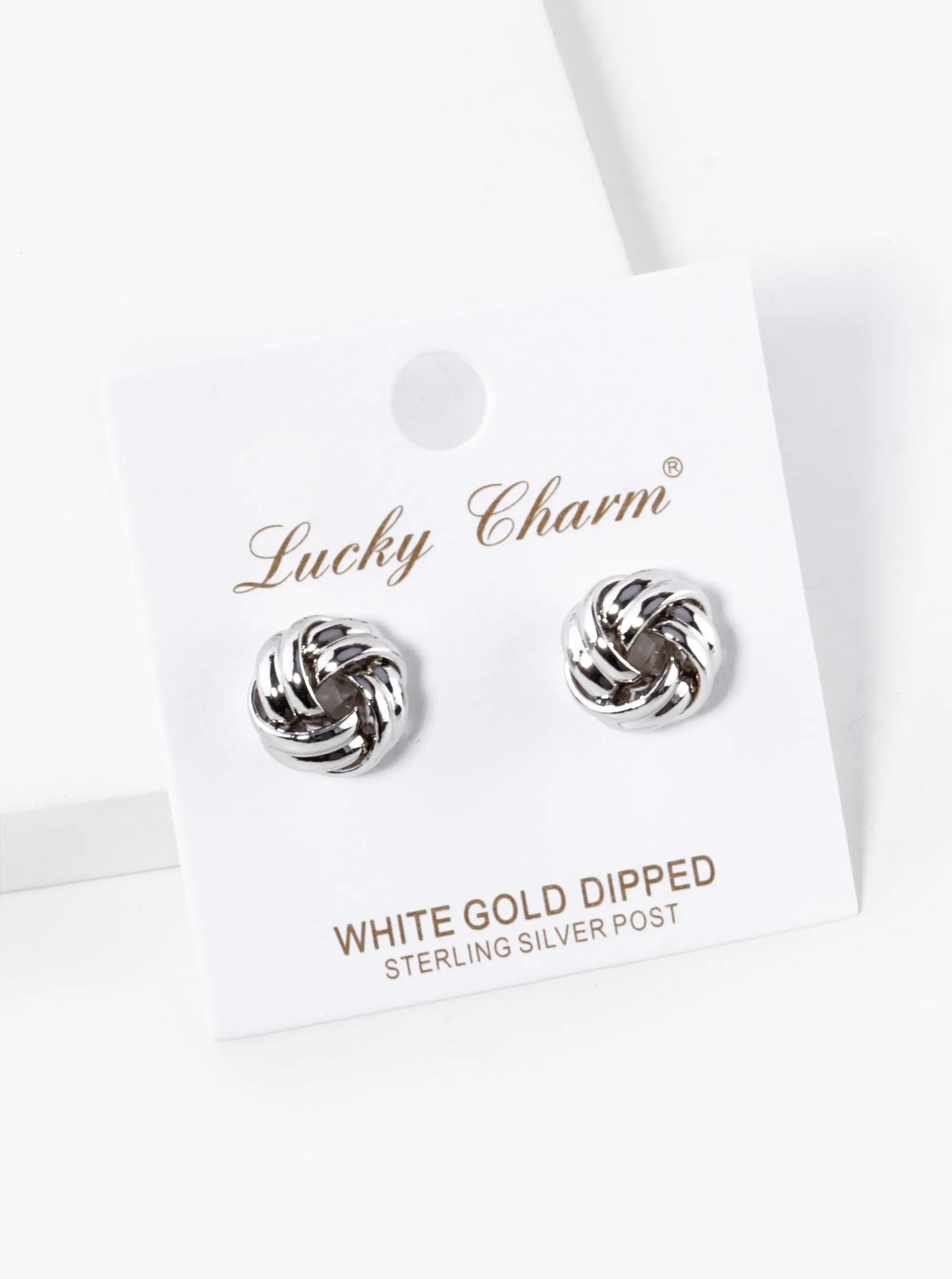 White Gold Dipped 12mm Brass Love Knot Stud Earrings