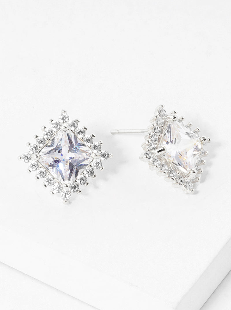 White Gold Dipped 15mm CZ Pave Rhombus Post Stud Earrings