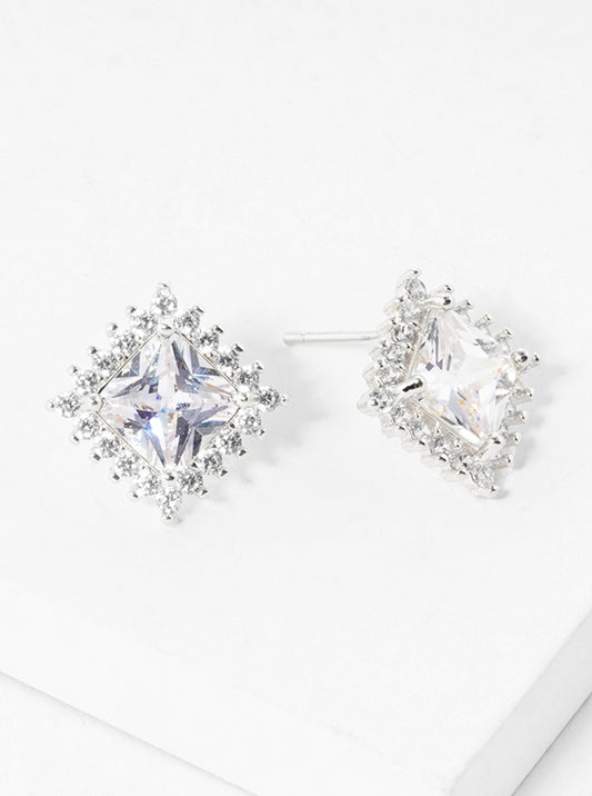 White Gold Dipped 15mm CZ Pave Rhombus Post Stud Earrings